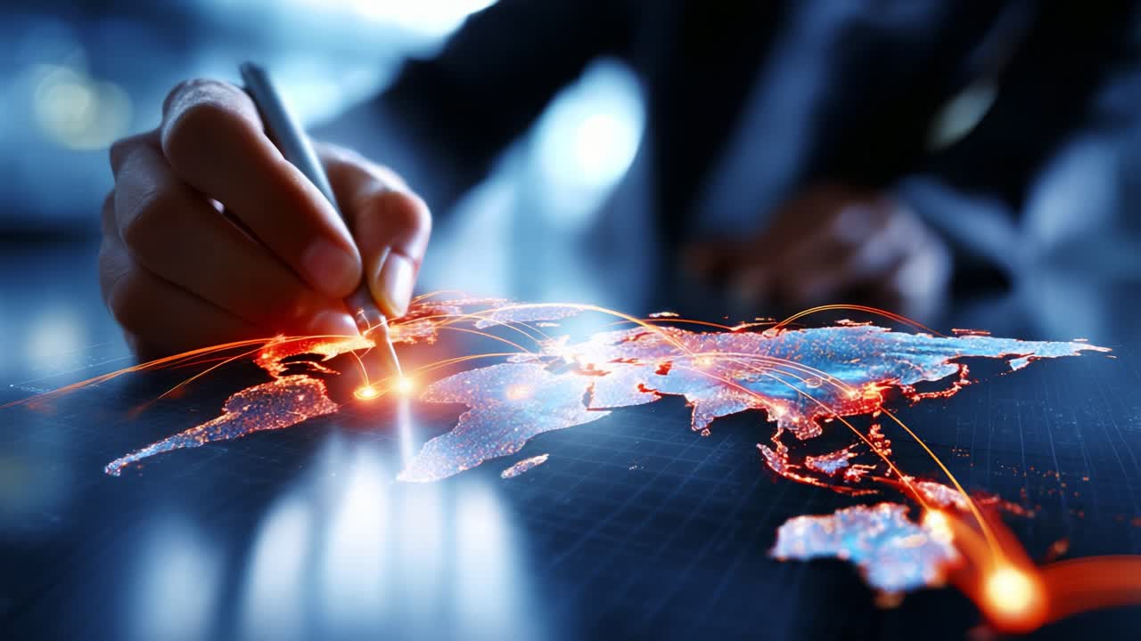 A global connection is forged on a digital map, highlighting geographic regions with illuminated pathways of information flow and technological interaction in a modern environment