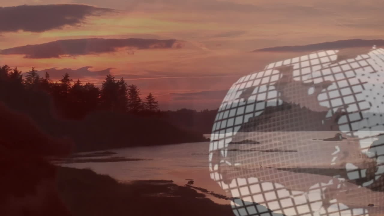 Semi-transparent 3D wireframe globe combining with coastal sunset featuring pine trees and rocks