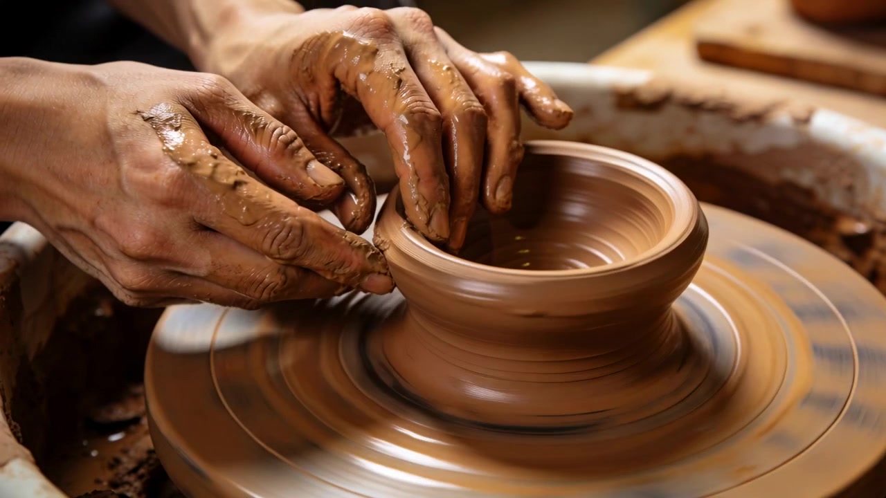 Mani sporche di fango che centrano, tornio che gira, sollevando e pizzicando il vaso in studio per la simmetria.