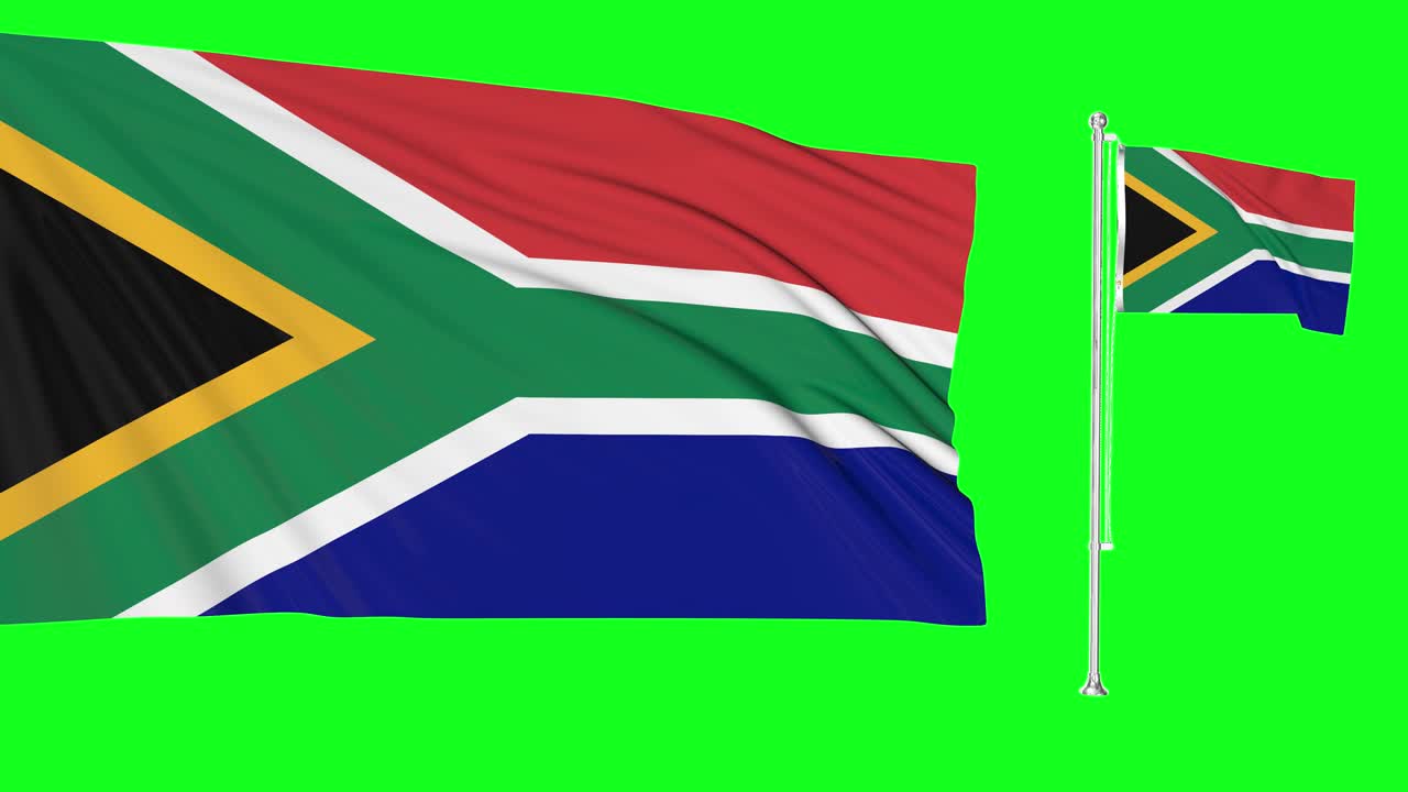 pantalla verde suráfrica dos banderas ondeando el mástil de la bandera africana animación 3d clave de croma