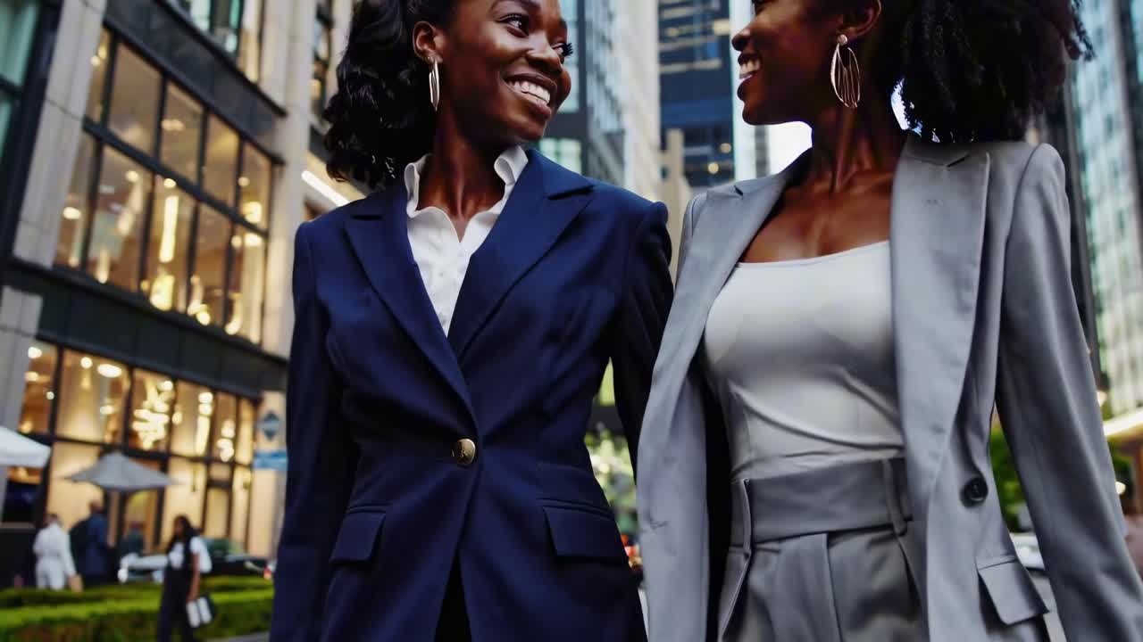 Two women in business attire walk confidently on a city street, captured from a low-angle