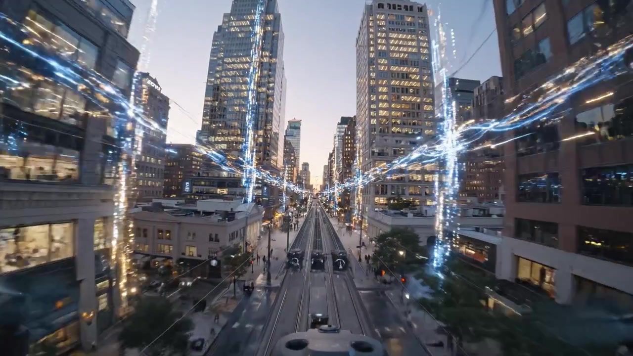 Transição Dramática da Noite para o Dia em uma Paisagem Urbana Agitada: Vista da Rua com Pessoas, Luzes e Arquitetura Moderna Criando uma Atmosfera Urbana Dinâmica