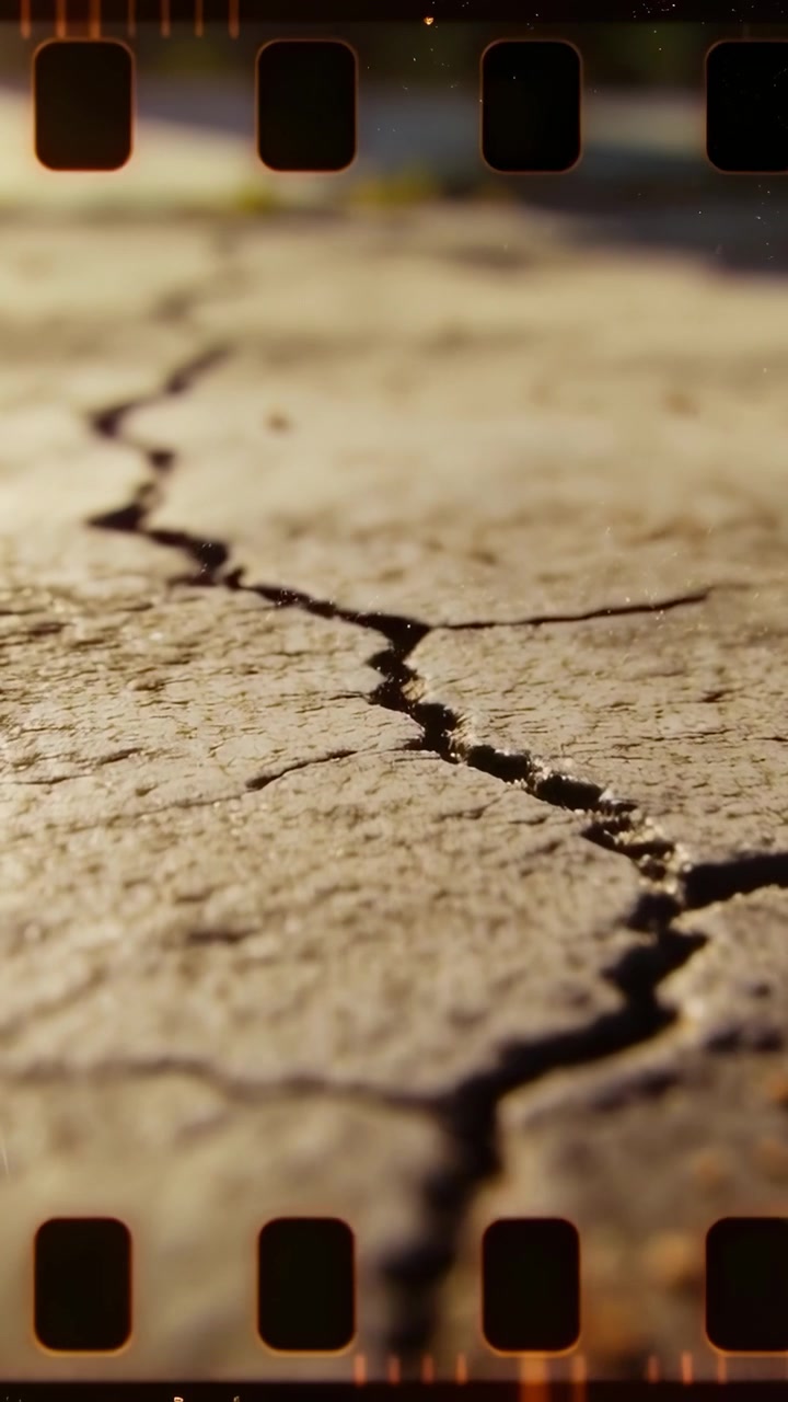 Video verticale: Inseguimento di una crepa sinuosa sulla terra calda, l'obiettivo si sposta per rivelare il terreno, bordo del filmato.