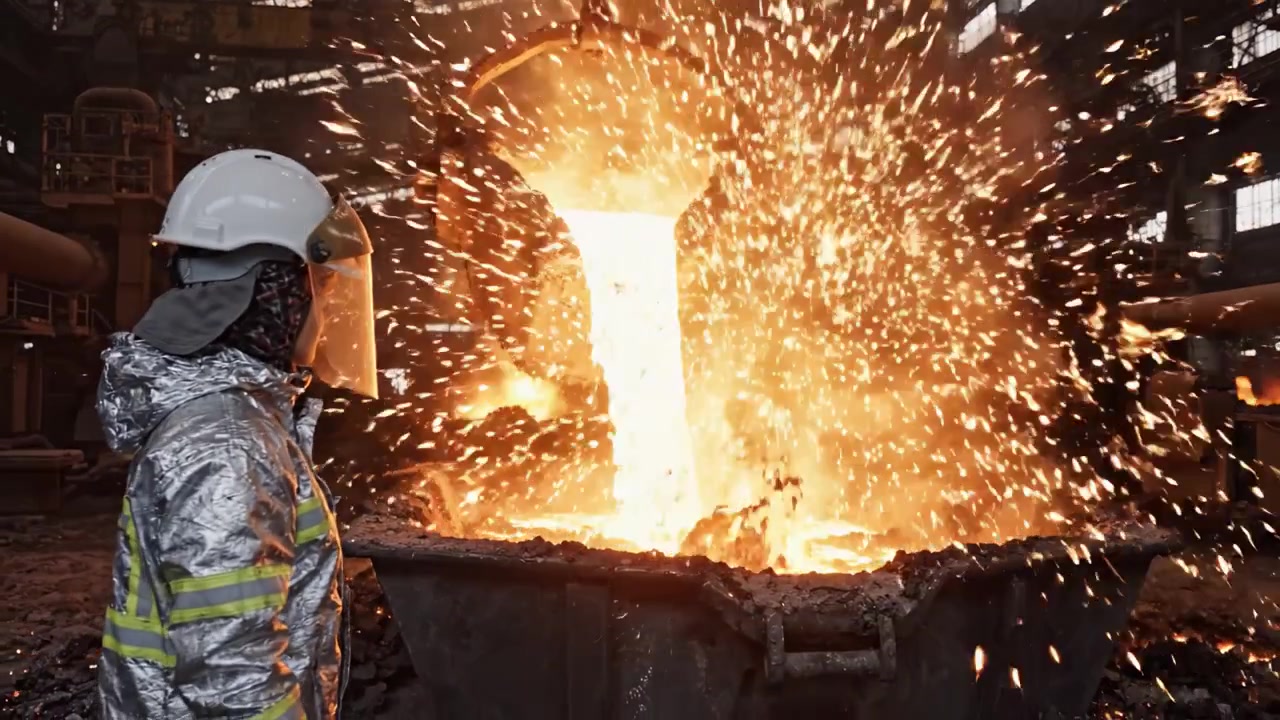 A Spectacular View of Molten Metal Pouring from a Furnace in an Industrial Foundry, Highlighting the Power and Precision of Metalwork in Heavy Industry