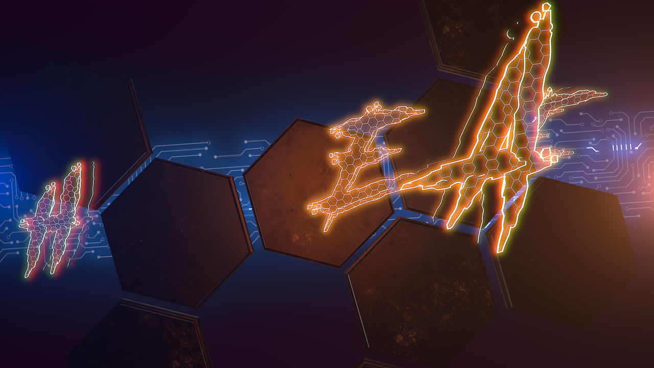 texto de animación felices pascuas y fondo de animación cyberpunk con números de matriz de computadora y hexágonos
