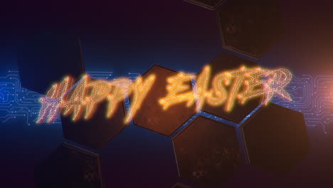 Animation-text-Happy-Easter-and-cyberpunk-animation-background-with-computer-matrix-numbers-and-hexagons