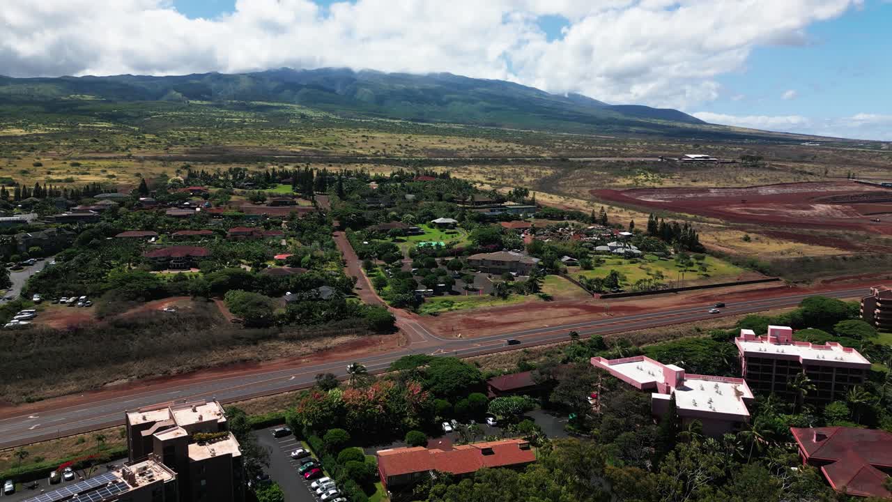 Aerial View of a Town and Mountain Landscape in Maui, Hawaii
