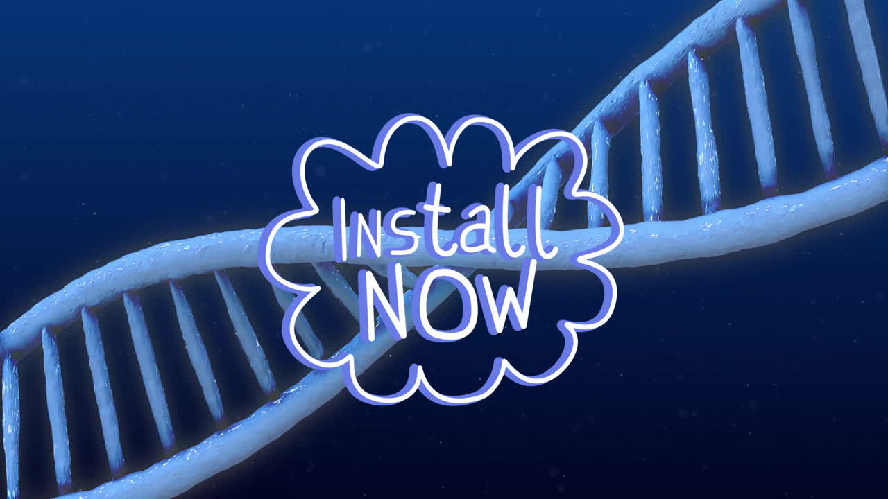 Neon green Install Now text overlaying DNA strand animation in digital style