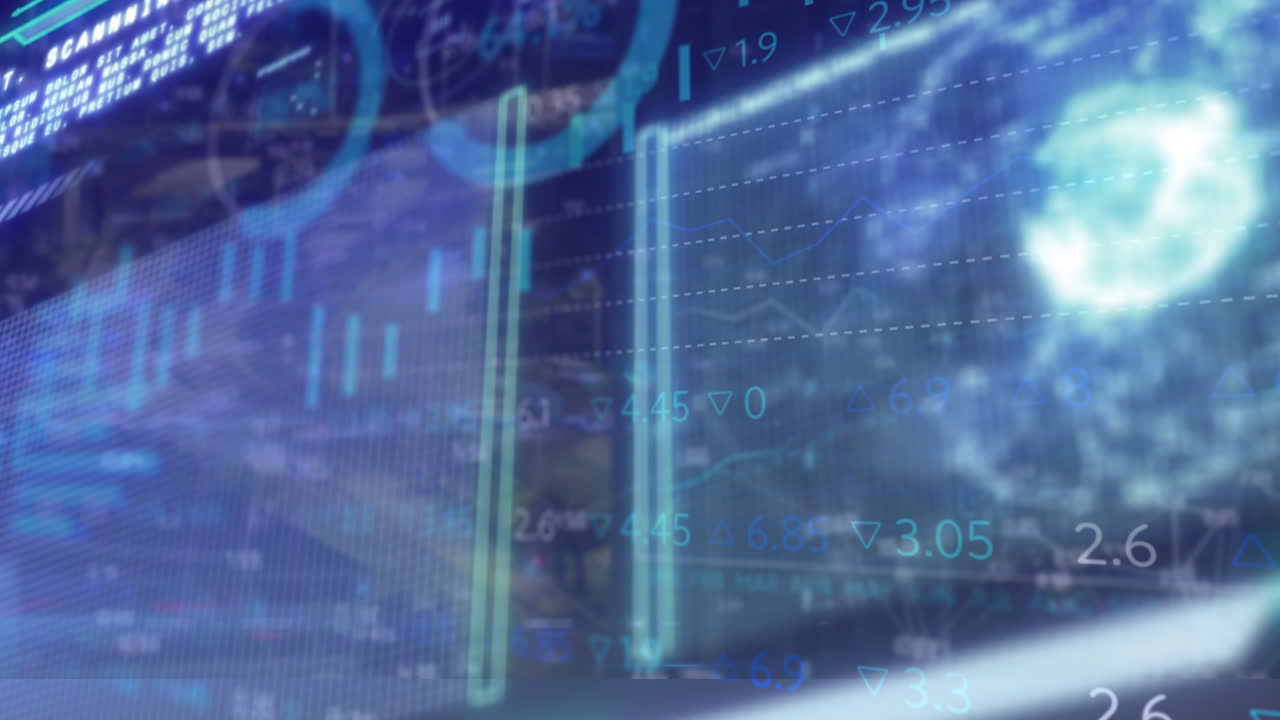 파란색 배경에 대한 회전하는 지구상에서 주식 시장 데이터 처리와의 인터페이스의 애니메이션