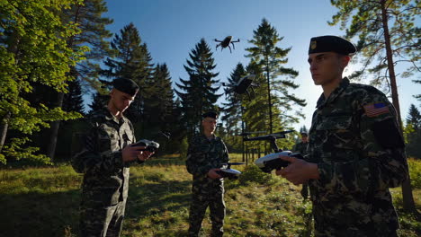 military personnel operating drones in a forest