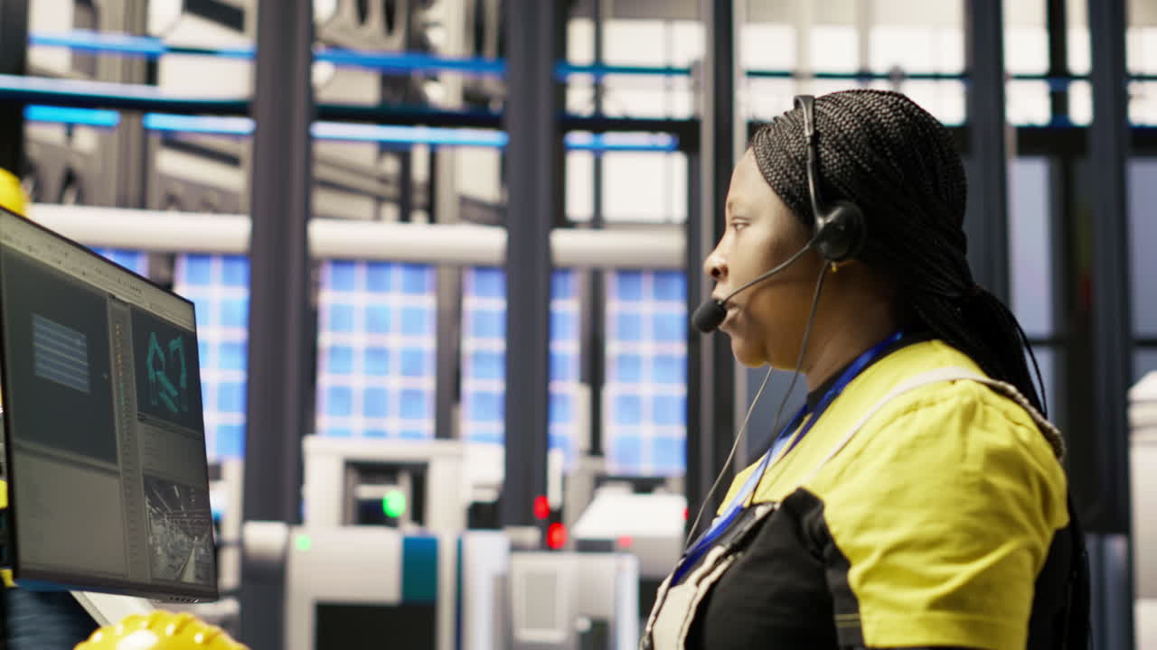 Vertical video Call center agent in smart factory using headset to assist with maintenance