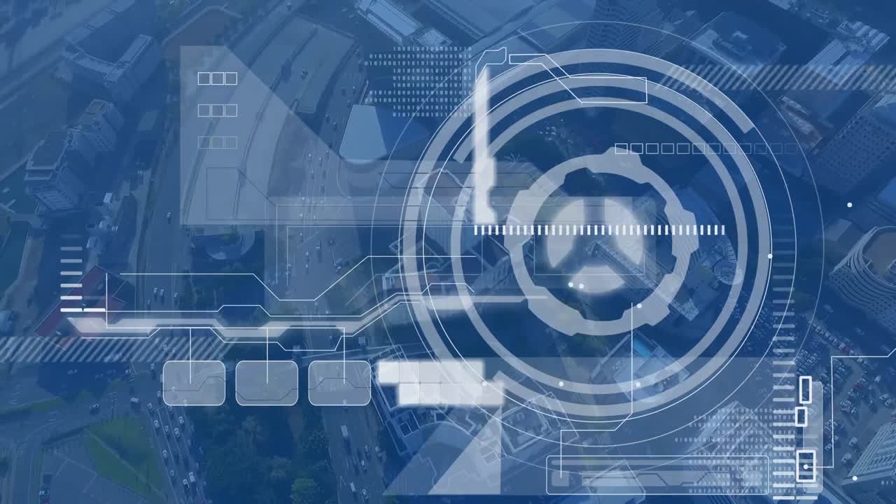 Animation of scope scanning and data processing over cityscape