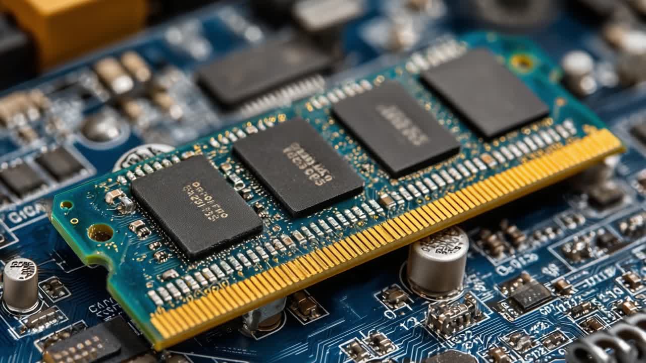 Detailed Close-up of Computer Memory Module on Circuit Board Highlighting Components and Textures in a Modern Technology Setup