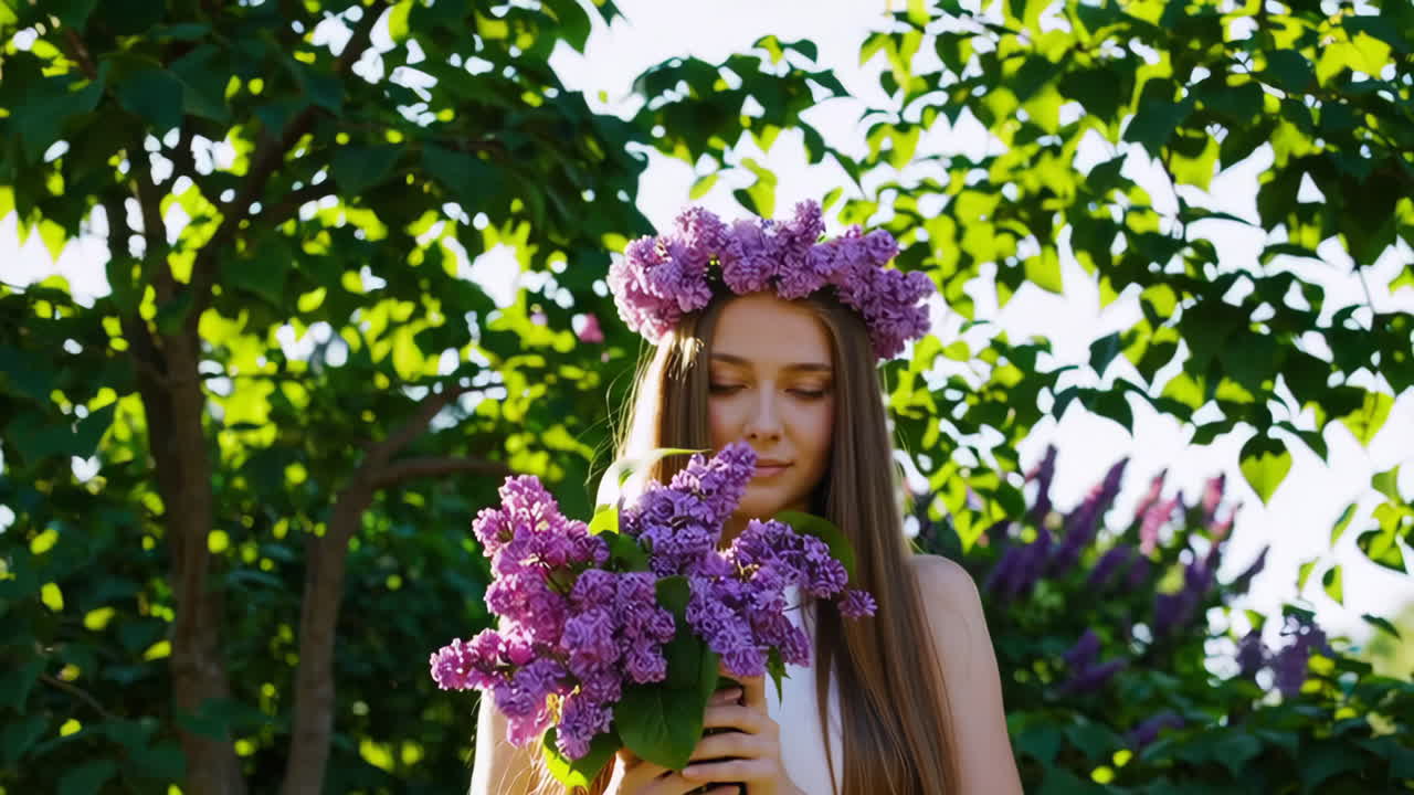 Giovane donna che si gode il profumo dei fiori di lillà