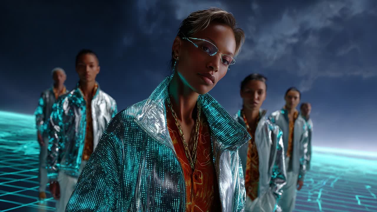 A group of stylish individuals stands confidently in a futuristic setting, showcasing silver jackets and high-tech glasses, with a mesmerizing glowing landscape that captivates the viewer's attention and imagination