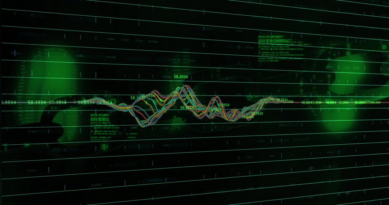 At start colorful waveform growing into peaks and oscillating across digital grid visualizing data