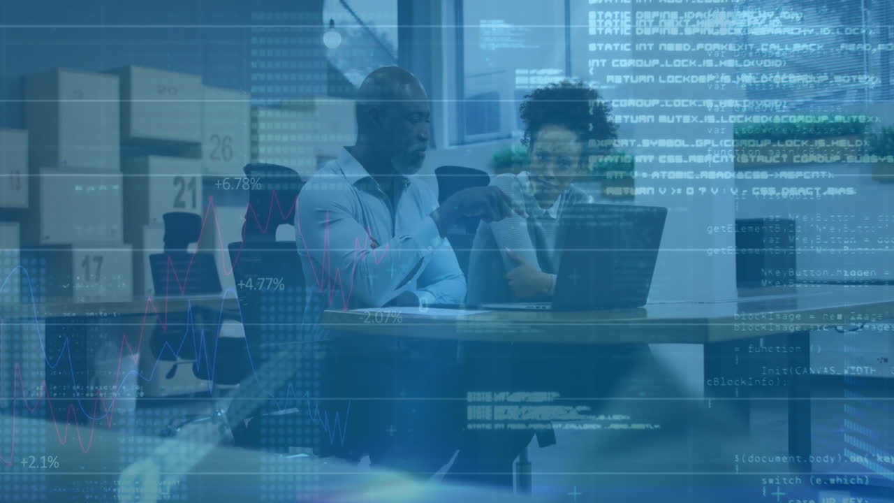 Animation of financial data processing over diverse business people using laptop