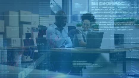 animation of financial data processing over diverse business people using laptop
