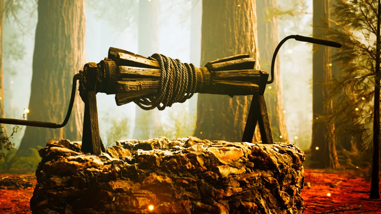 오래된 돌은 안개와 함께 숲에서 잘 그려