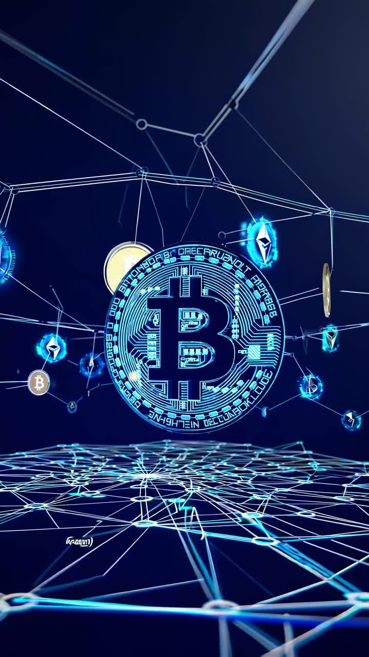 Futuristic video concept with a low-angle view of digital Bitcoin symbols and blockchain network