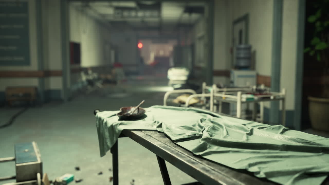 A view down a hospital hallway with a medical cart in the foreground.
