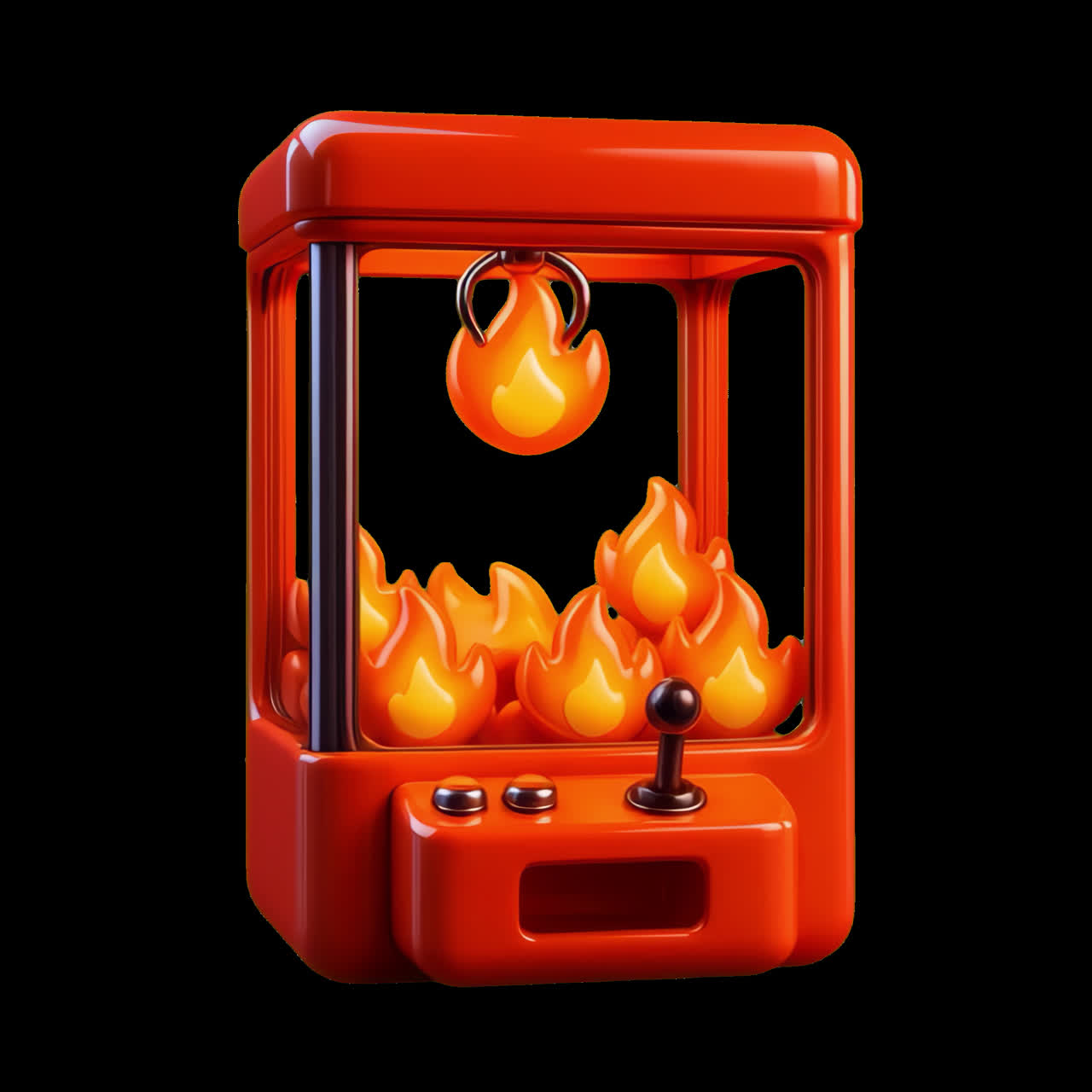 Claw machine with fiery flames animation isolated asset, transparent 4K video, alpha channel, ProRes