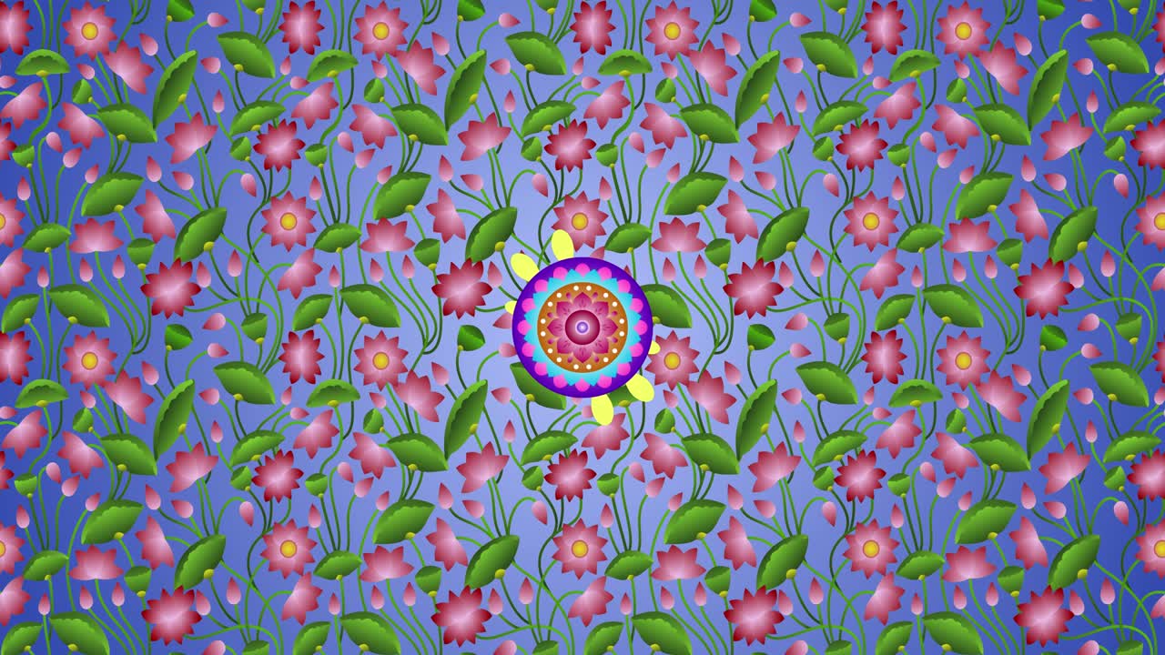 dulce color florecimiento espíritu arte mandala con plantas de flores de loto patrón animación de fondo y alfa mate