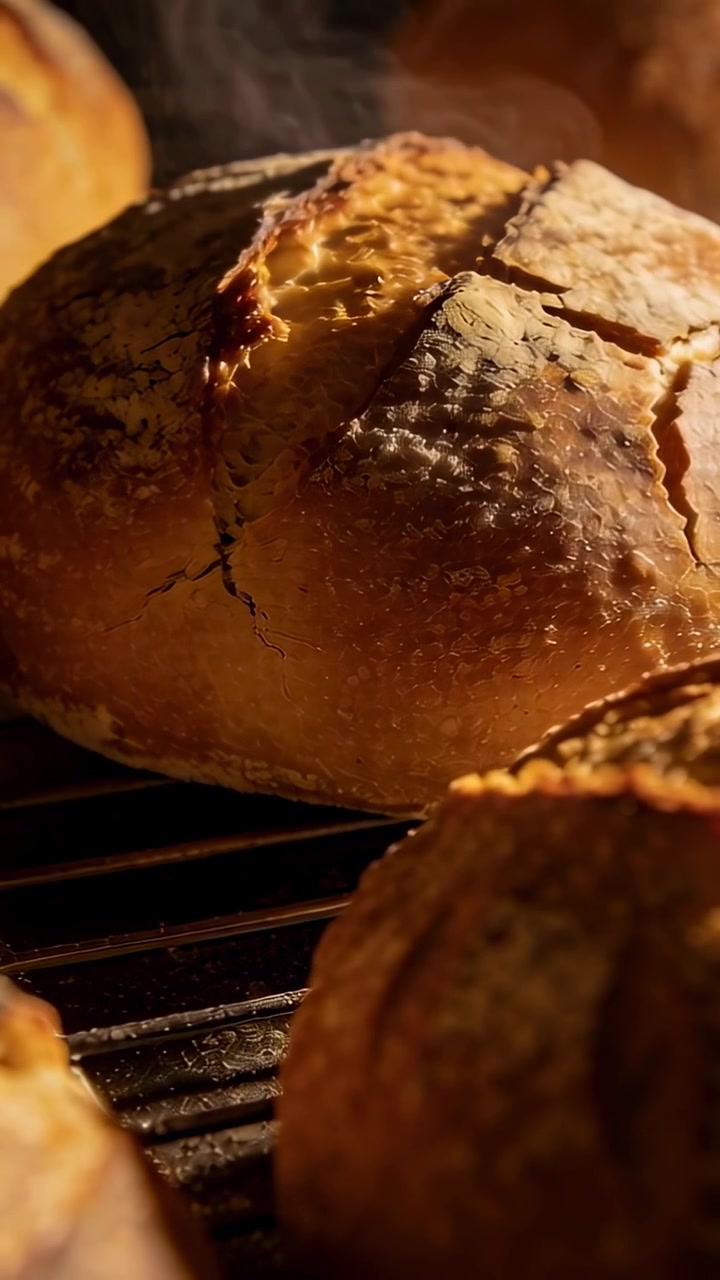 Vertical video: Baking large artisan loaf in oven, cracking and steaming from heat on metal rack