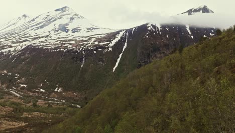 montañas cubiertas de nieve y laderas cubertas de bosque, vista aérea