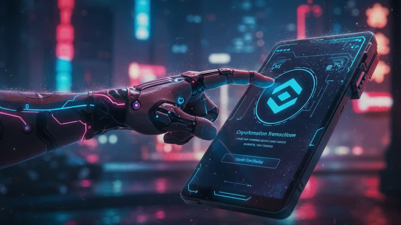 A Futuristic Robotic Arm Interacting with a Holographic Smartphone Interface in a Neon-lit Cityscape, Highlighting the Integration of Technology and Digital Innovation