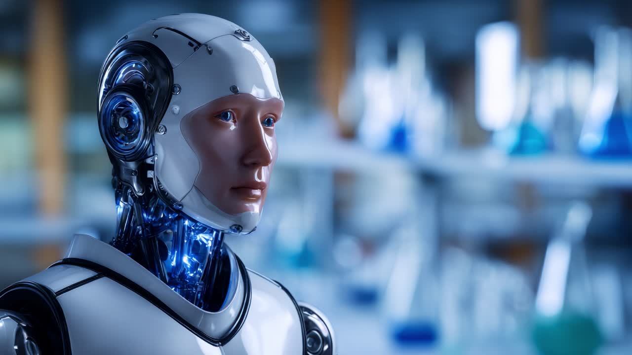 Futuristic humanoid robot standing in a laboratory filled with scientific equipment, showcasing advanced artificial intelligence and human-like characteristics