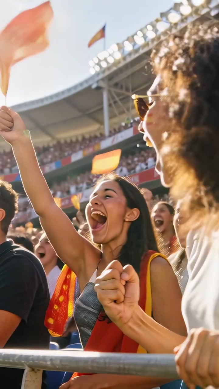 Video vertical: Mujer animando con camiseta, apoyada en la barandilla del estadio, levantando los puños después de un gol