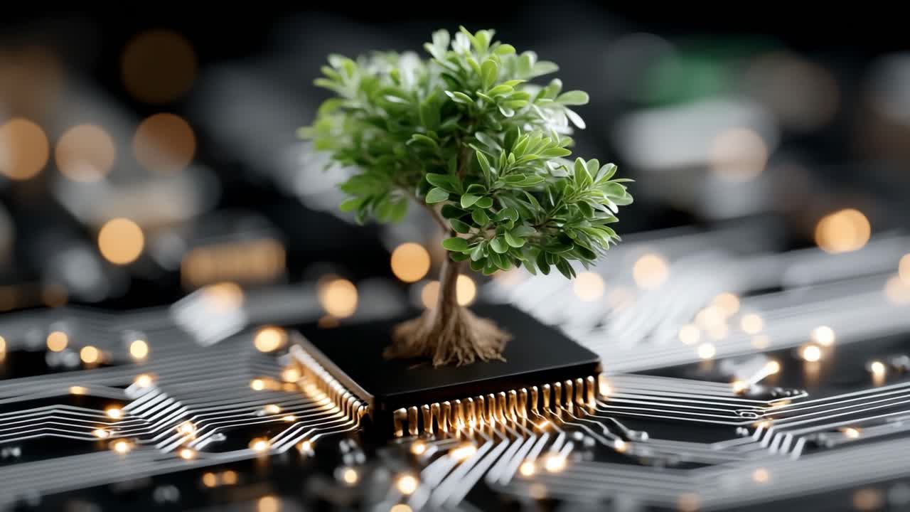 Tree sprouting from a chip. A small tree grows from a microchip, surrounded by circuit patterns and glowing lights, blending nature with tech.
