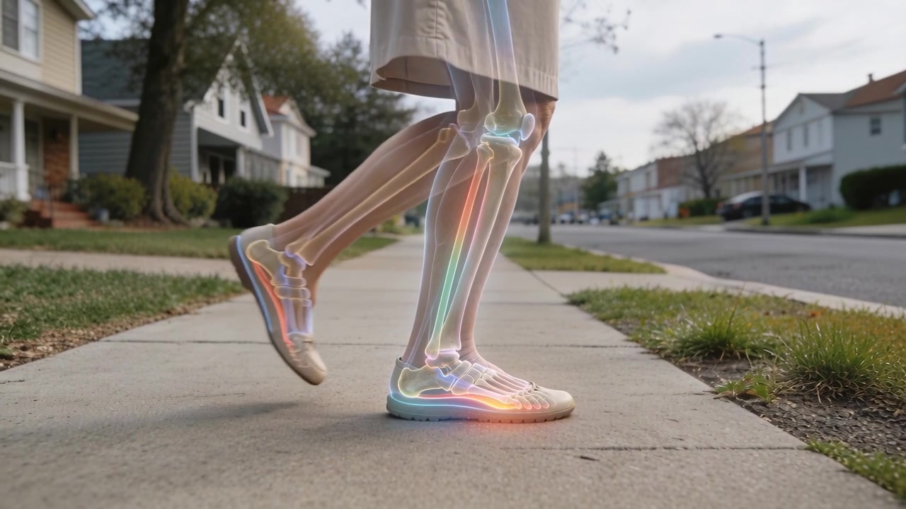 Shifting weight senior woman lifting left leg on local sidewalk ending step tan flats skirt overlay