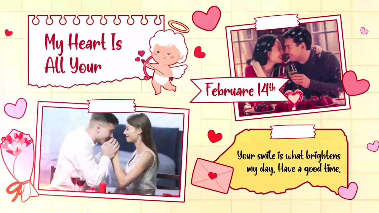Auguri animati di San Valentino con coppie ed elementi romantici.