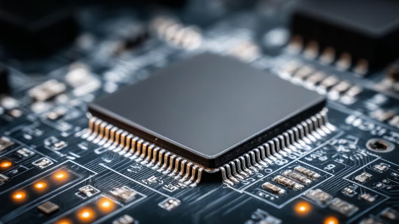 Close-Up Views of a Microchip on a Circuit Board with Detailed Electrical Components and Illuminated Indicators, Showcasing Modern Technology Design and Functionality