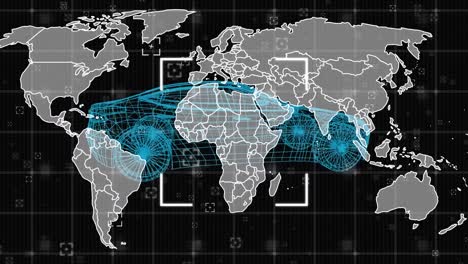 Animación-Del-Escaneo-Del-Alcance-Sobre-Un-Modelo-De-Automóvil-3d-Giratorio-Contra-El-Mapa-Mundial-Sobre-Fondo-Negro