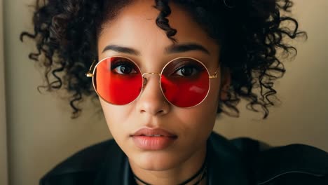 a woman with curly hair wearing a black leather jacket and red sunglasses