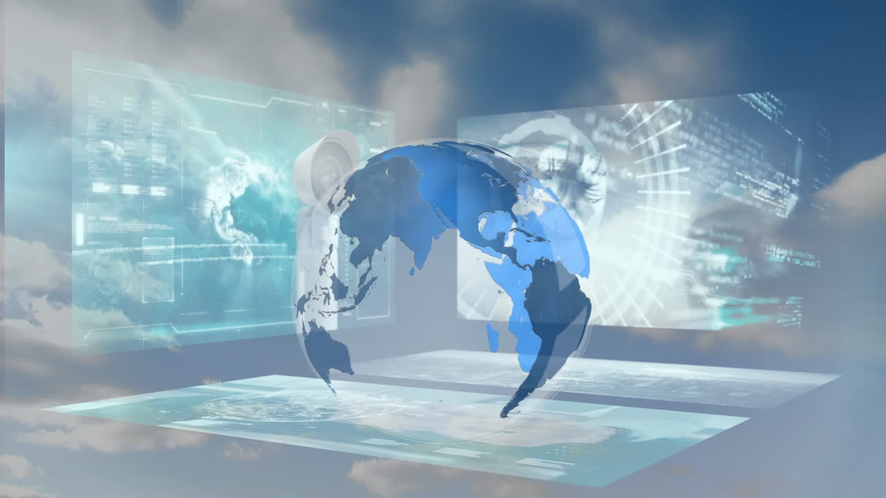 인간의 눈과 cctv 카메라로 스크린 위에서 회전하는 지구의 애니메이션