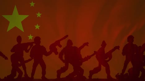 animation of flag of china over silhouettes of soldiers