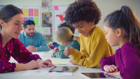 elementary school students and female teacher using digital tablets in classroom lesson