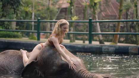 beautiful woman riding elephant in zoo playing in pool splashing water female tourist having fun on exotic vacation in tropical forest sanctuary