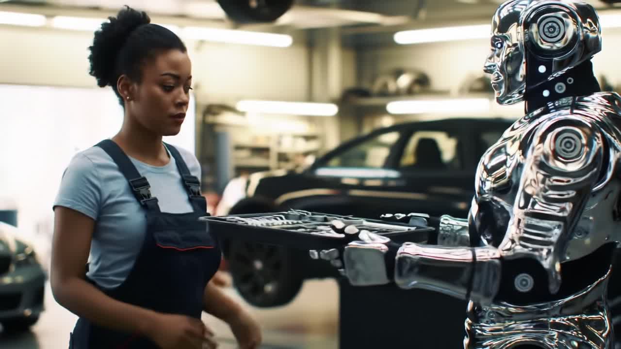 A Human and a Robot Collaborate in an Automotive Workshop, Showcasing the Future of Technology and Human-Robot Interaction in Repairs and Maintenance