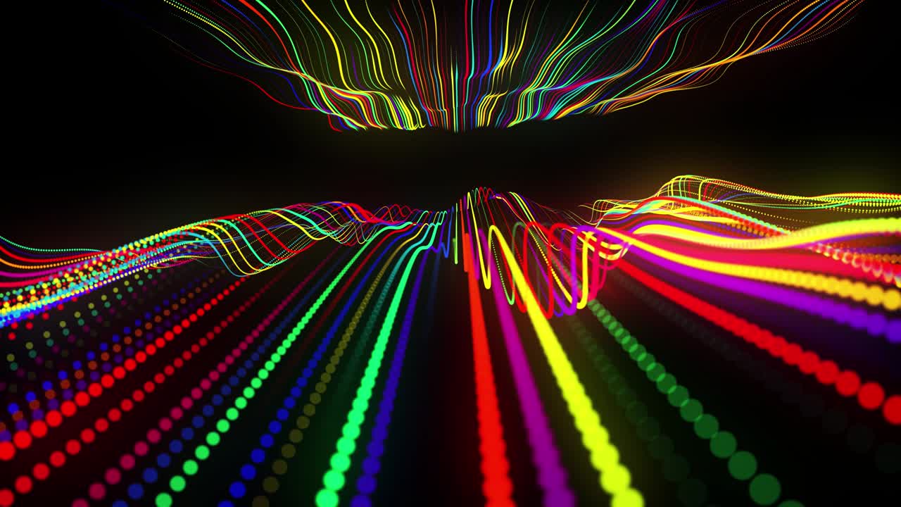 vj bucle festivo con partículas multicolores y cámara animada suave. bg 3d abstracto con partículas de brillo alineadas en fila a lo largo de líneas onduladas curvas en el espacio 3d. fondo de diseño de movimiento.