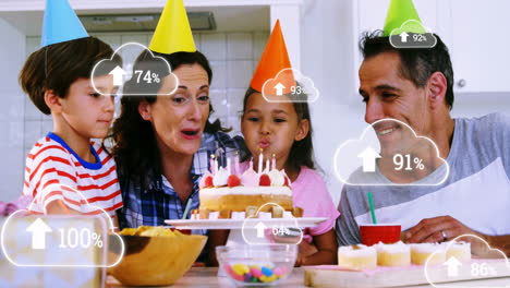 celebrating birthday with cake, family wearing party hats, animation of cloud icons