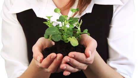 mujer con una planta en la mano