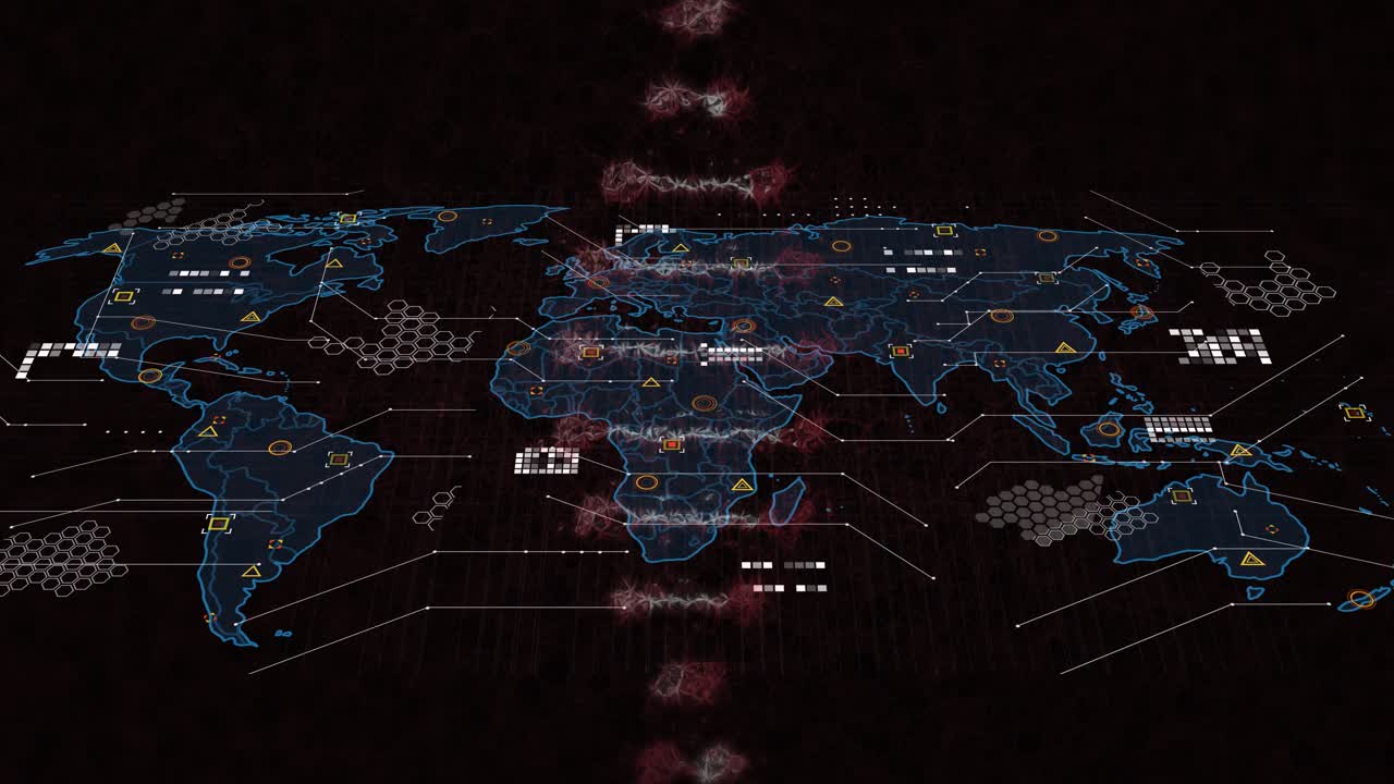 dark screen revealing neon-blue map, DNA helix drifting with clusters pulsing showing data spread