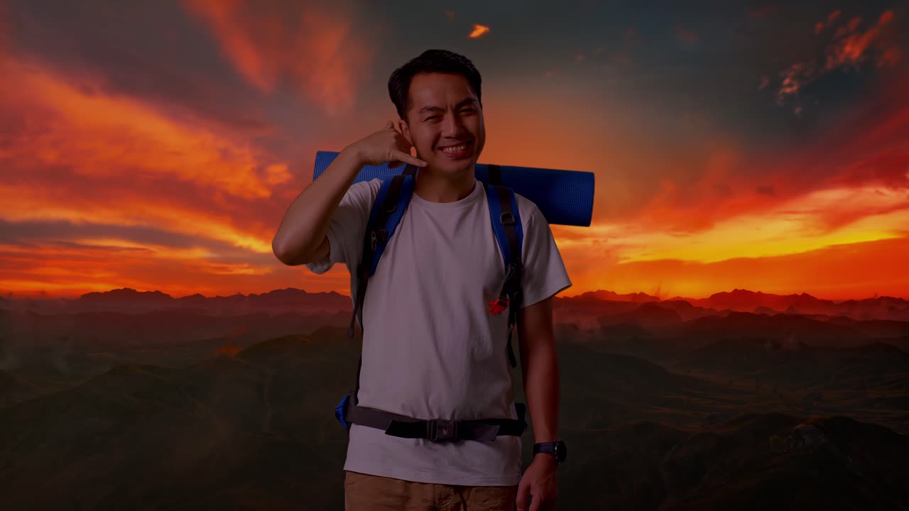 해가 지는 동안 행복한 산책자 손짓 소리