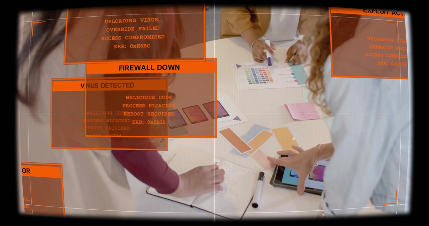 Orange HUD alerts rising from left warning 3 women of breach as arranging swatches tapping tablet