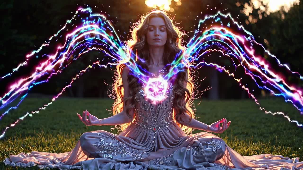 Serene blonde woman practicing meditation, wearing flowing dress, sitting on verdant lawn during golden hour, radiating luminous energy with ethereal wing silhouettes